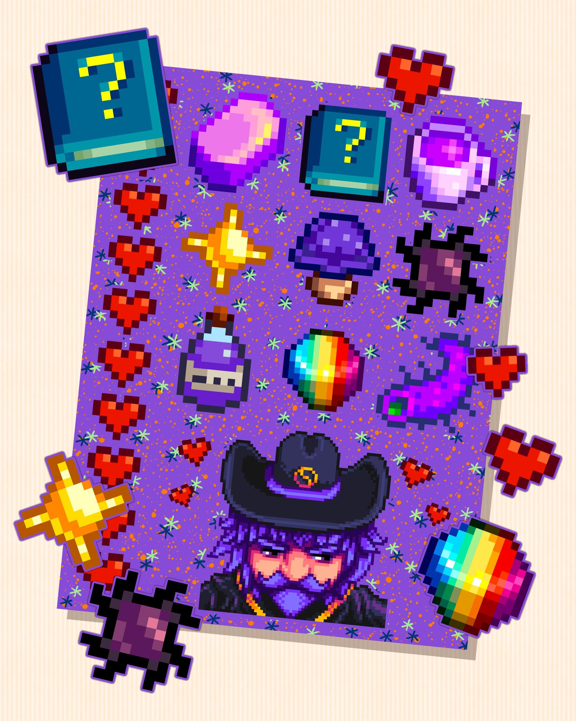 Stardew Valley - Wizard Character Personality Sticker Sheet | SDV Magical Prismatic Shard, Void Essence, Mermaid Shell & Friendship Hearts