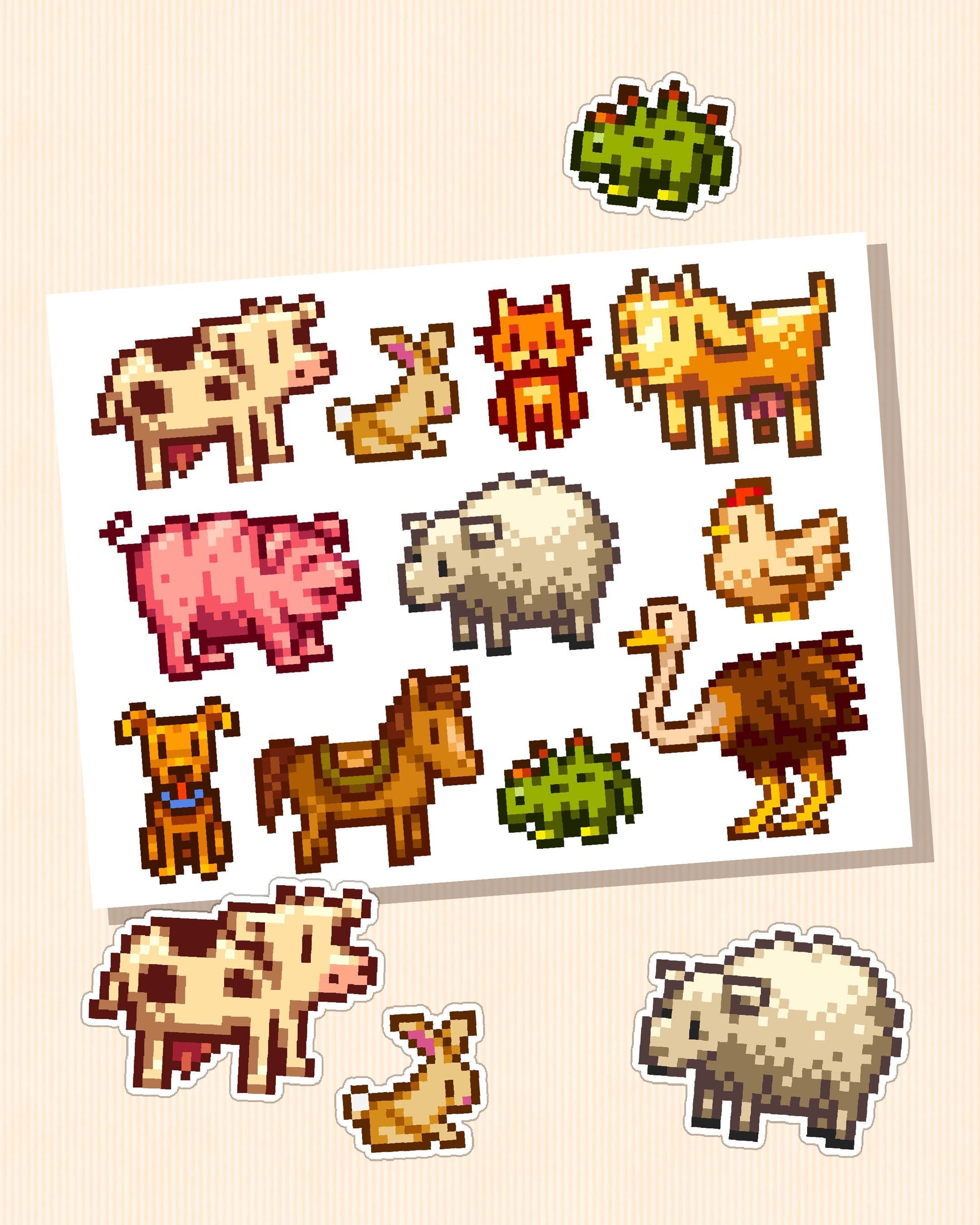 Stardew Valley Farm Animals Sticker Sheet - Chicken Cow Sheep Goat Cat Dog Horse Rabbit Pig Dinosaur Ostrich