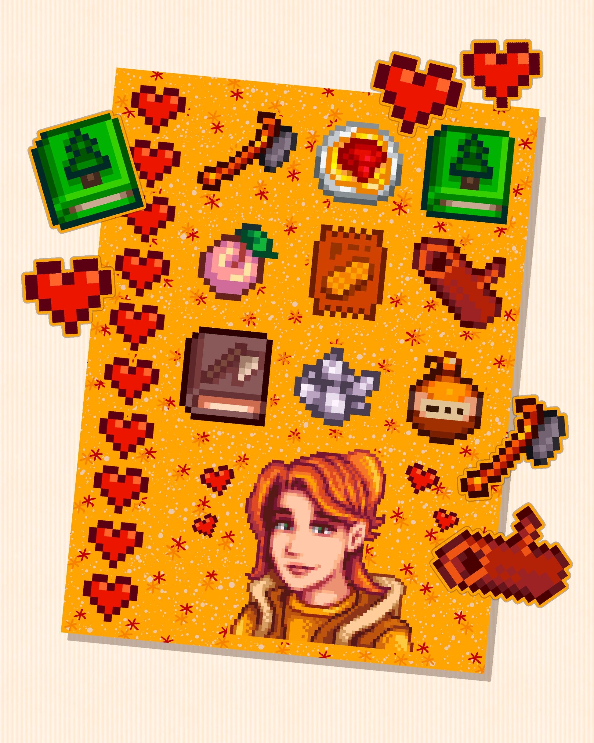 Stardew Valley - Robin Character Personality Sticker Sheet | SDV Stickers Featuring Axe, Hardwood, Maple Syrup & Friendship Hearts Rare Type