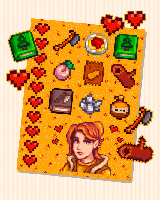 Stardew Valley - Robin Character Personality Sticker Sheet | SDV Stickers Featuring Axe, Hardwood, Maple Syrup & Friendship Hearts Rare Type