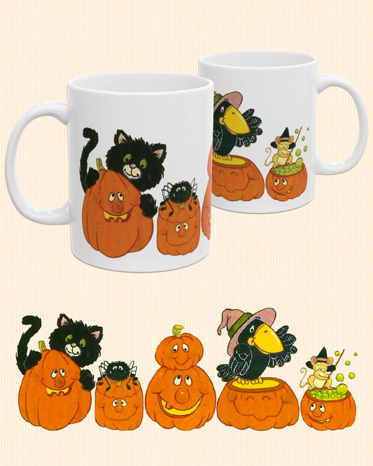 Vintage Style Halloween Mug Pumpkins Spooky Cat Creepy Cute