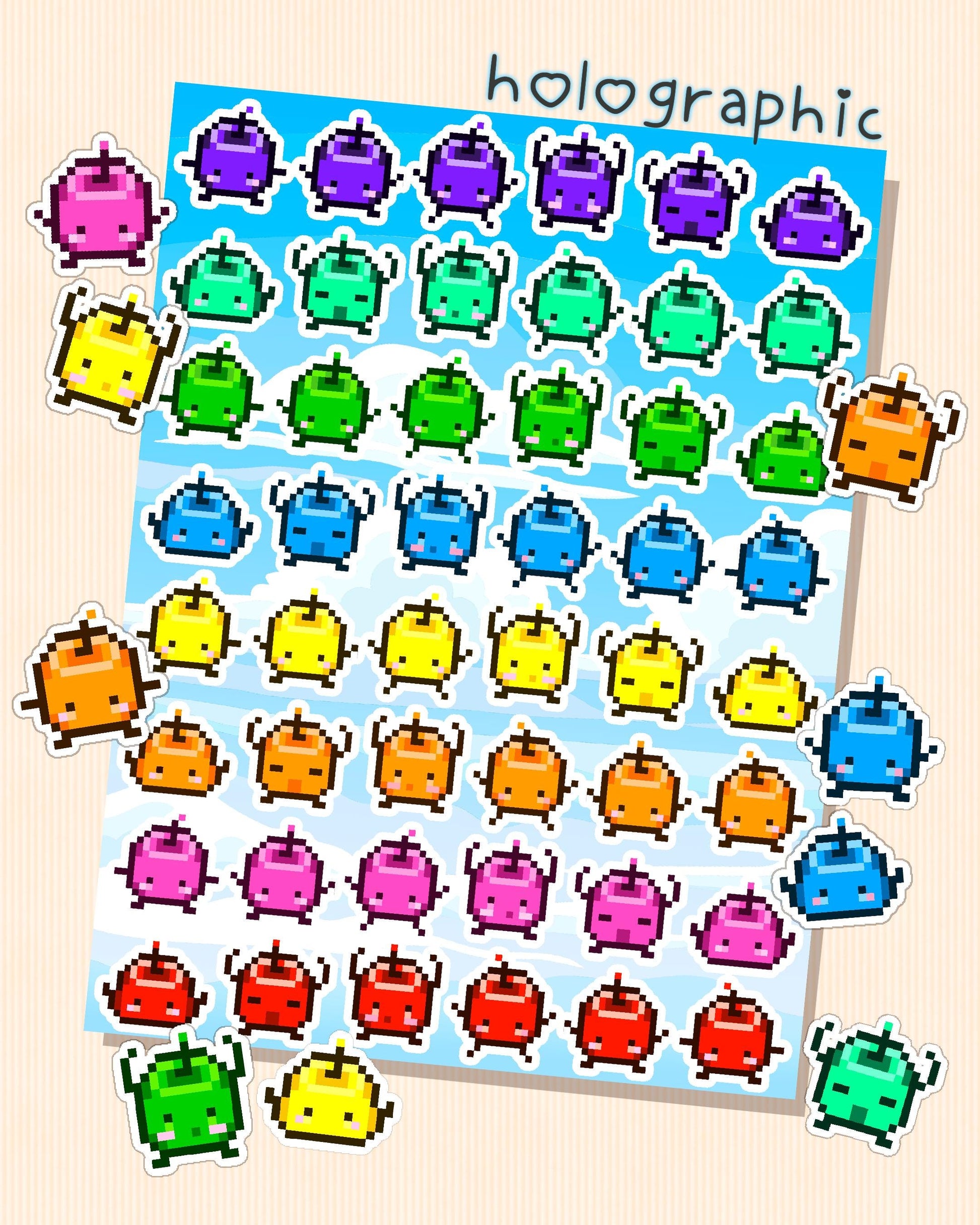 Holographic Junimo Sticker Sheet – Rainbow Vinyl Stickers for Stardew Valley SDV Fans | 48 Weather-Resistant Stickers for Journals & Gifts