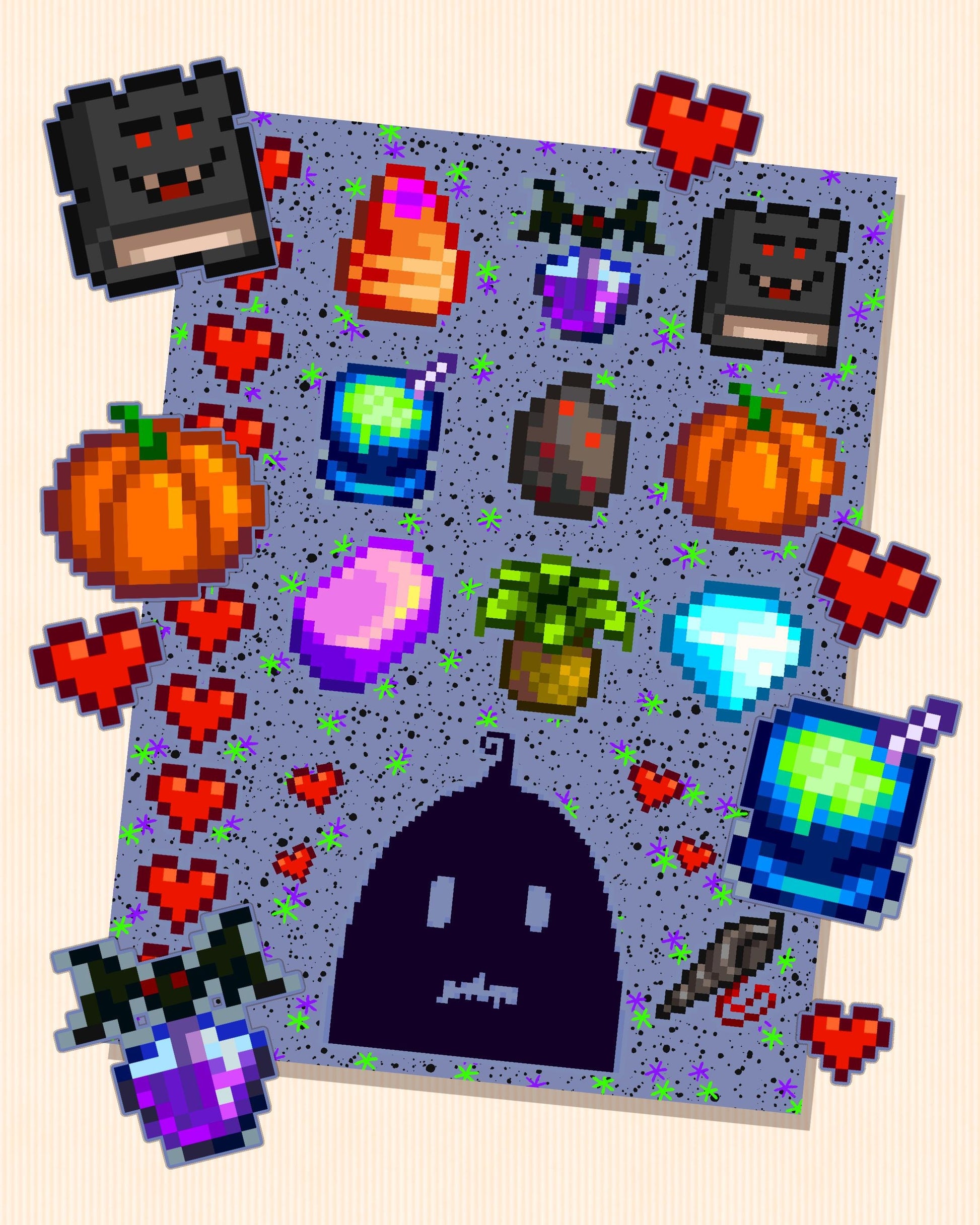 Stardew Valley - Krobus Character Personality Sticker Sheet | SDV Seafoam Pudding, Pumpkin, Void Mermaid Shell & Friendship Pixel Hearts