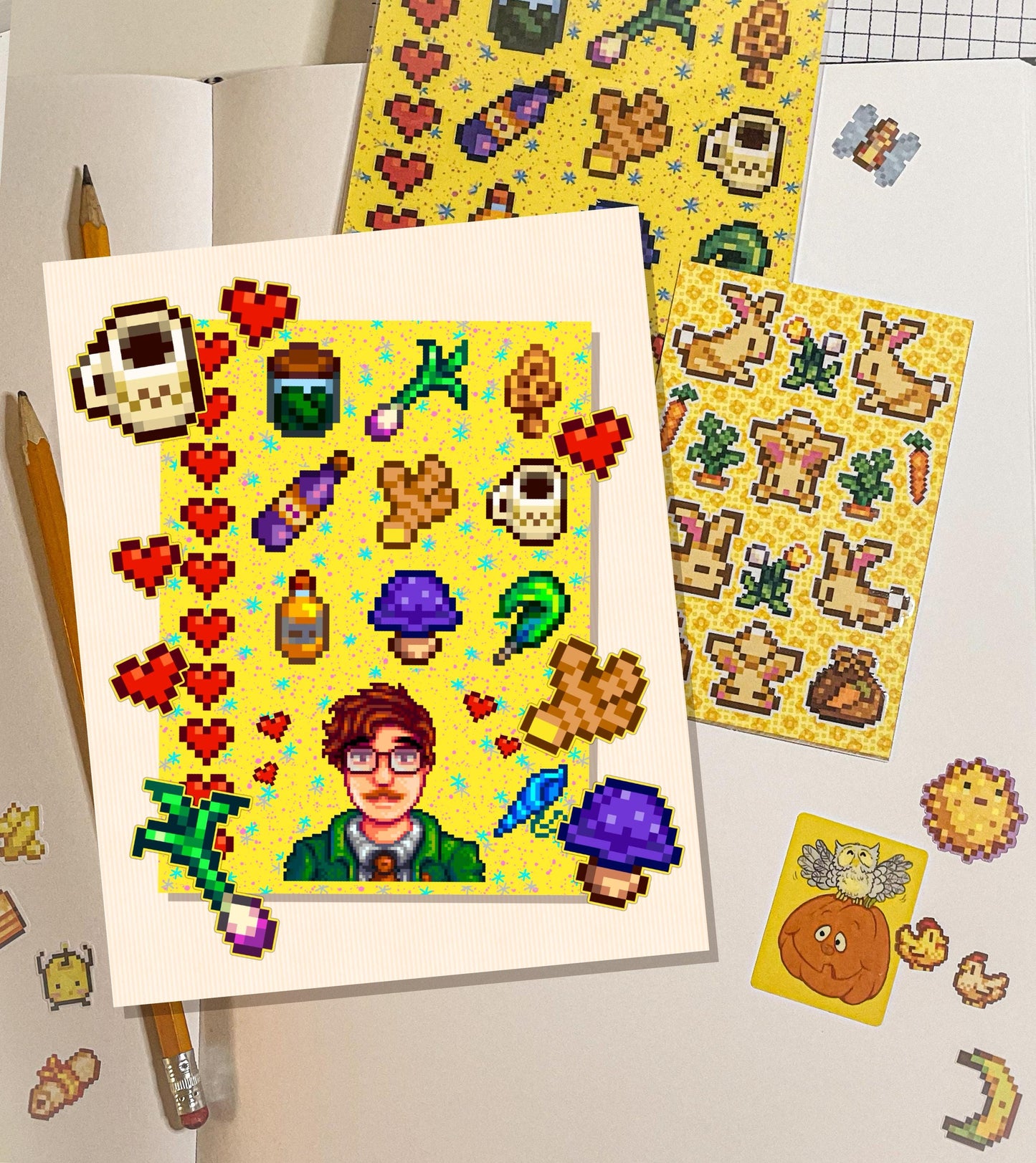 Stardew Valley - Harvey Character Personality Sticker Sheet | SDV Mushroom, Coffee, Wine, Ginger, Mermaid Shell & Friendship Hearts!