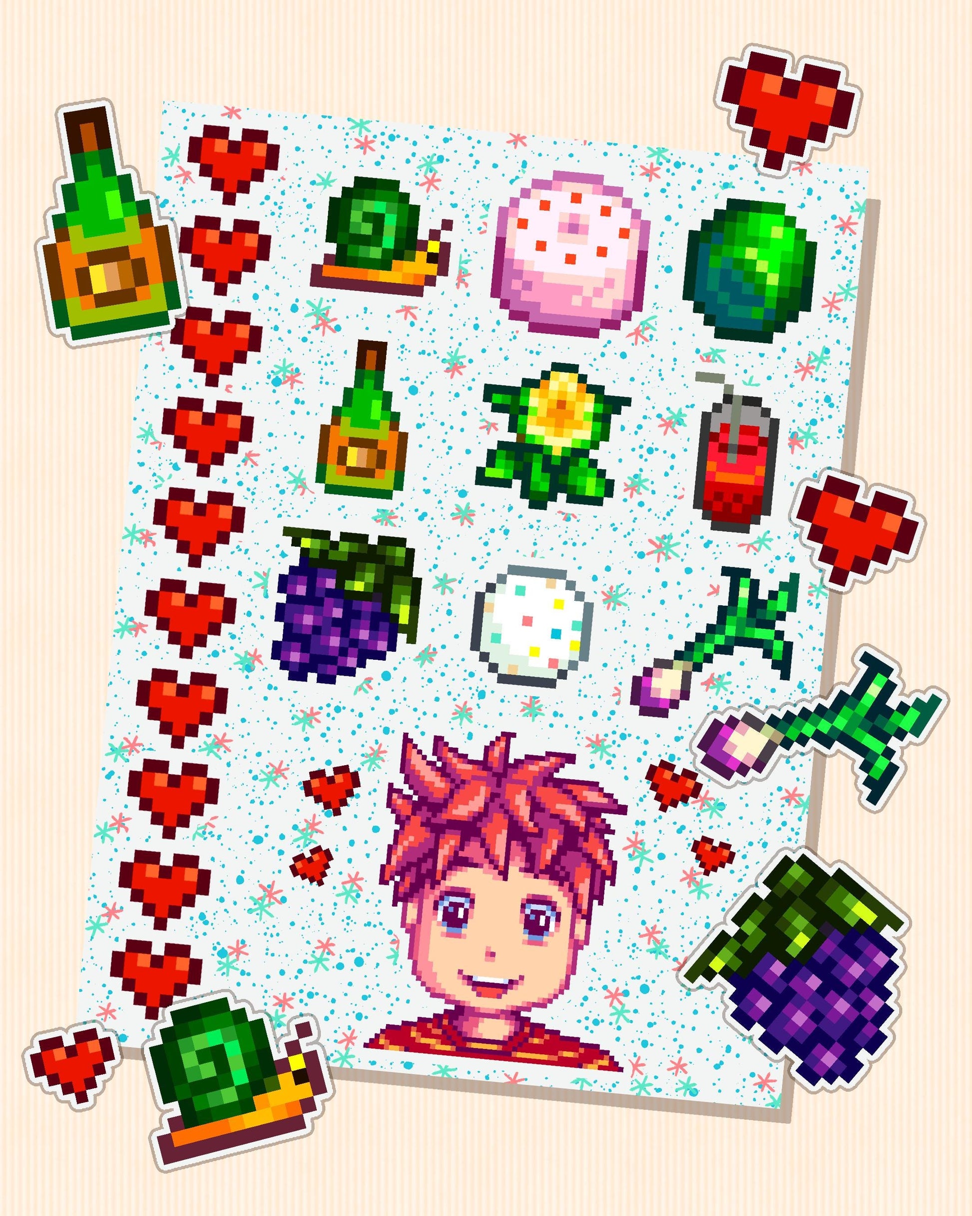 Stardew Valley - Vincent Character Personality Sticker Sheet | SDV Stickers, Snail, Ginger Ale, Jawbreaker, Cake, Hearts