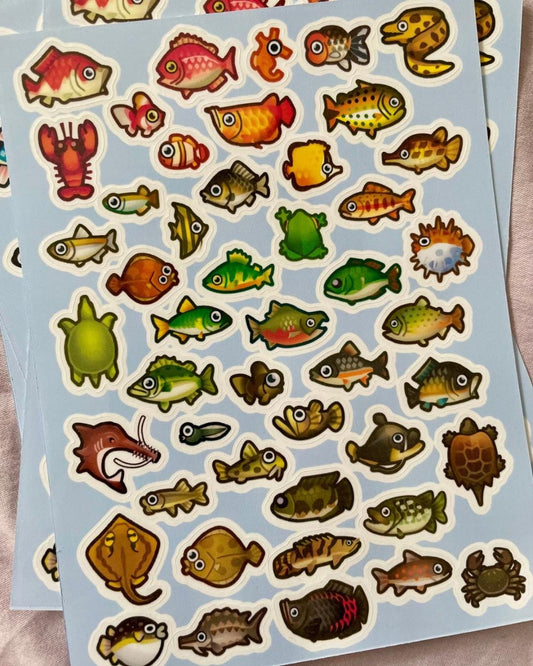 Animal Crossing Fish Sticker Sheets – Cute ACNH Fishing Stickers, Koi, Sharks, Coelacanth, Sea Bass, Aquarium Stickers, Waterproof Vinyl