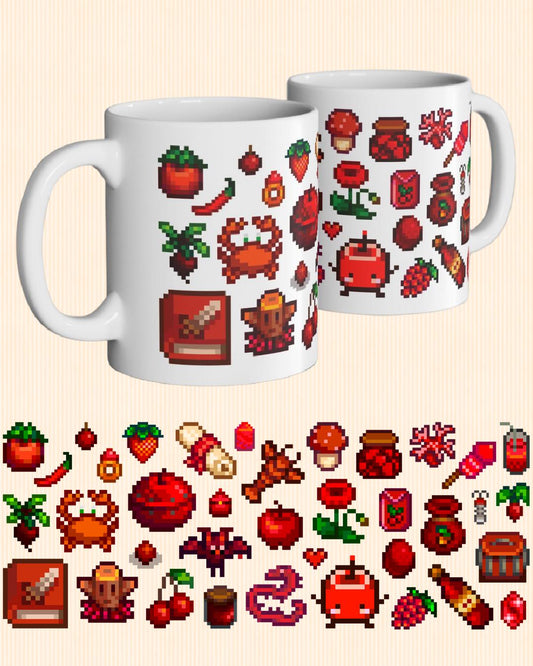 Stardew Valley Red Aesthetic Mug - Fish, Gems, Spicy Pepper, Treasures, Berries, Junimo
