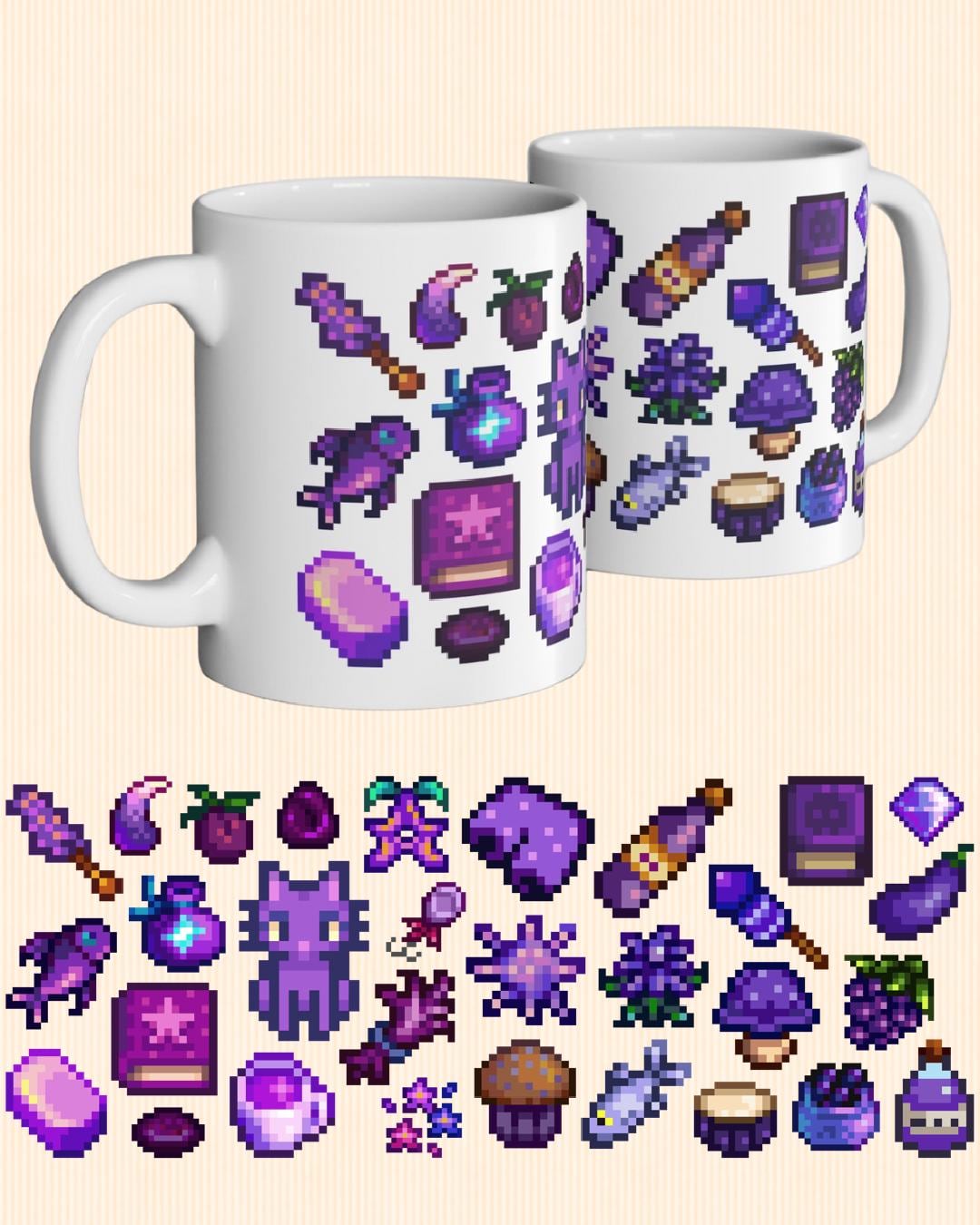 Stardew Valley Purple Aesthetic Mug - Iridium Cat, Mayor's Shorts, Stardrop Tea, Magical Items, Rock Candy, Fishing