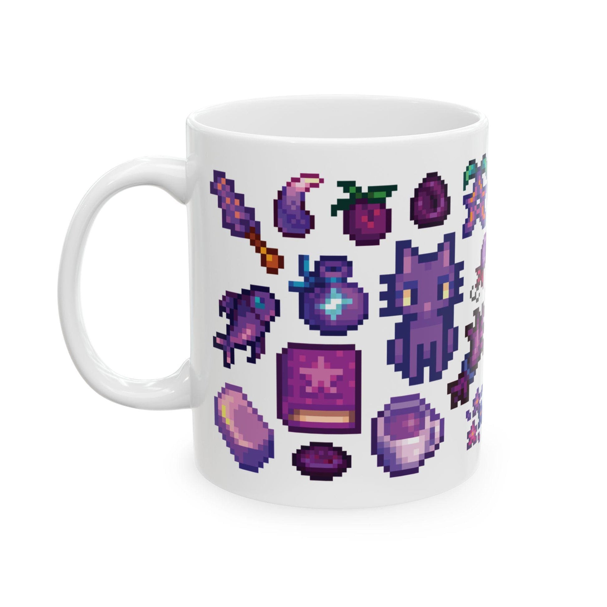 Stardew Valley Purple Aesthetic Mug - Iridium Cat, Mayor's Shorts, Stardrop Tea, Magical Items, Rock Candy, Fishing
