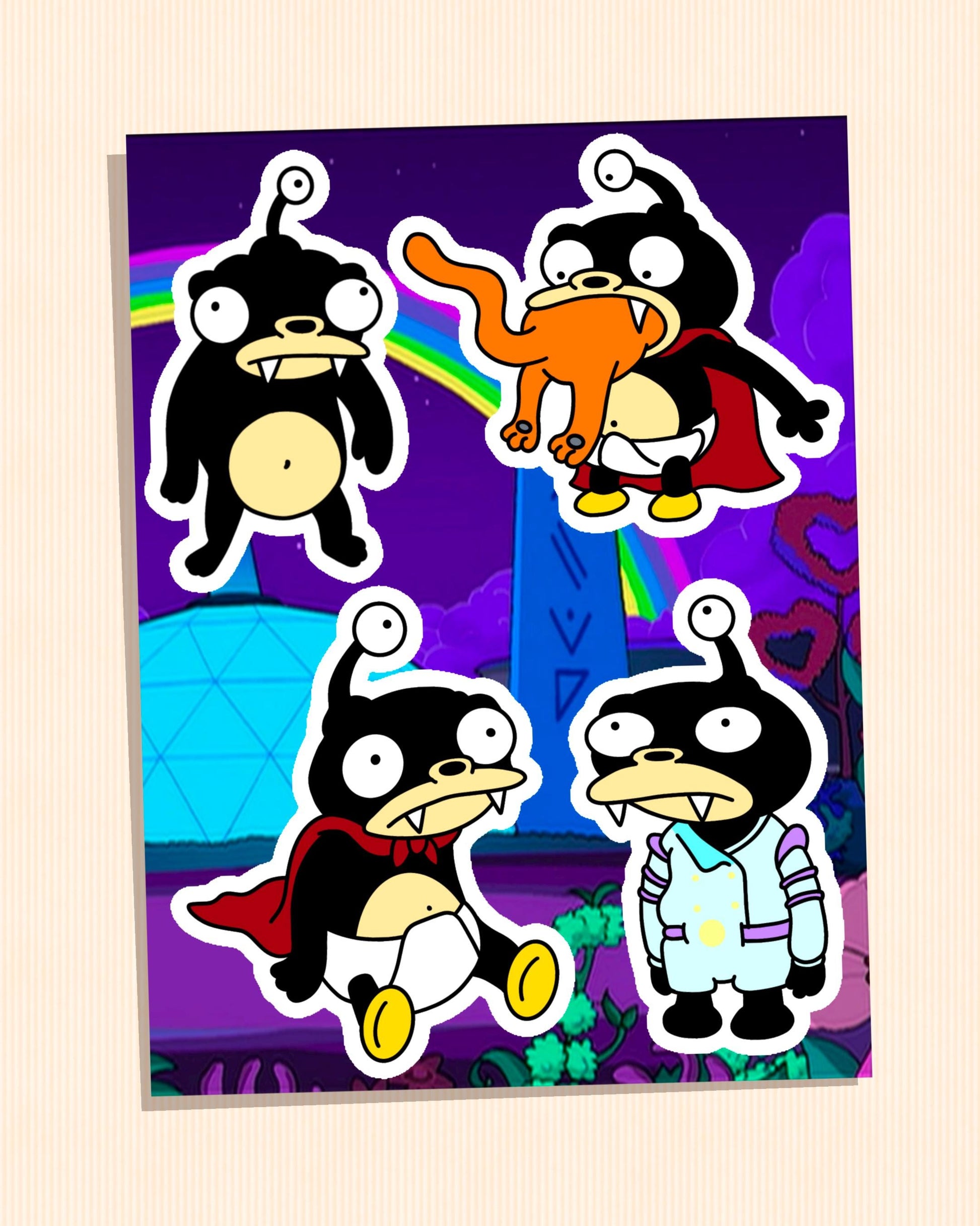Retro Cartoon Space Pet Sticker Sheet | 4 Nibbler Variants | Feral, Pet, Cat-Eating, Uniformed Alien Cutie - Funny Boston Terrier