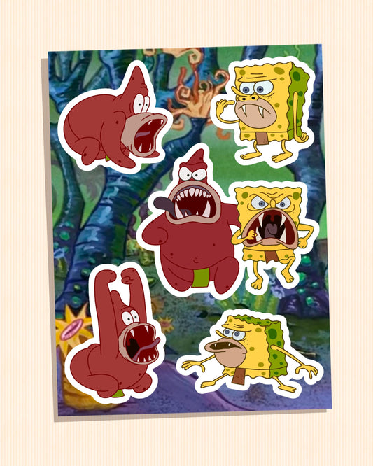 Retro Cartoon - Caveman Buddies Sticker Sheet | Prehistoric Sponge & Star Duo Meme