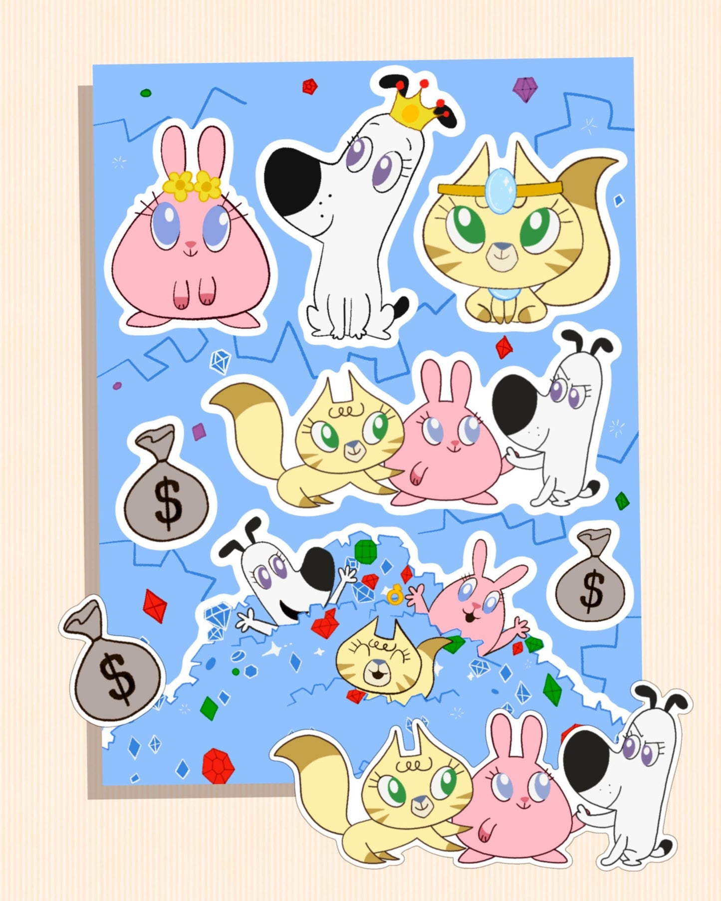 Fluffy Bunch Sticker Sheet | Chibi Animals Inspired by 90s Cartoon Nostalgia - Cute Superhero Girls Evil Villain Cat Dog Rabbit Funny Gift