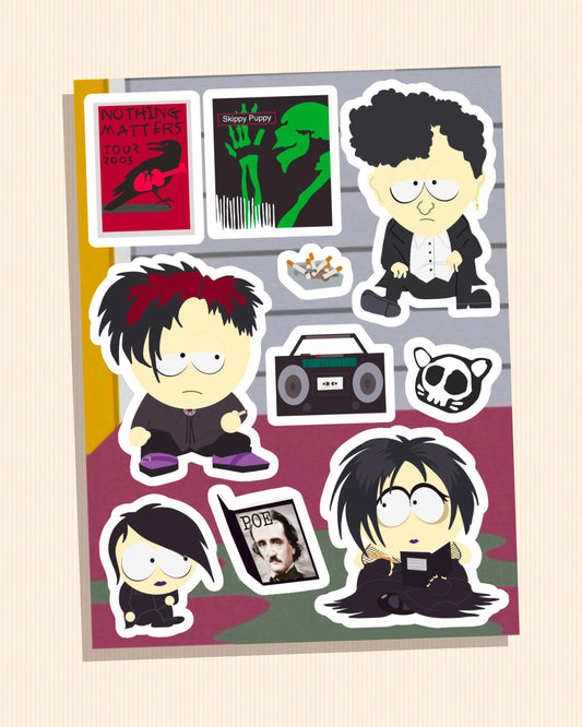 Goth Kids Sticker Sheet | Nostalgic Stickers for Fans of 00s Animation Edgar Allen Poe Skinny Puppy Hot Topic