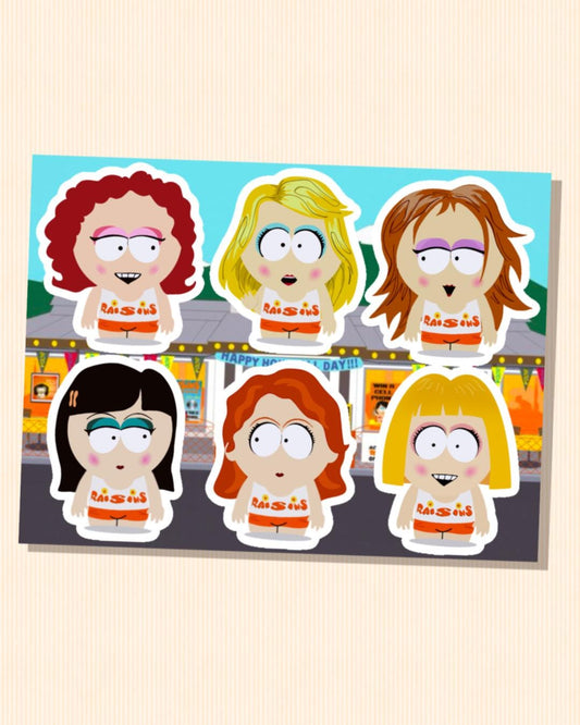Raisins Girls Sticker Sheet | Nostalgic Stickers for Fans of 00s Animation Hooters Girls Satire Funny Sexy Aesthetic Waitress