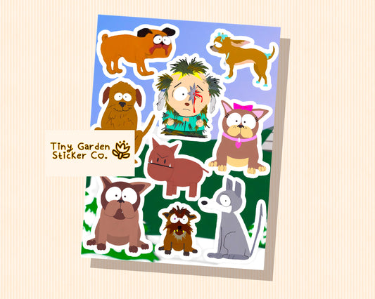 Dogs of the Neighbourhood Sticker Sheet | Nostalgic Stickers for Fans of 00s Animation Dogs of South Park Butters Fun with Weapons