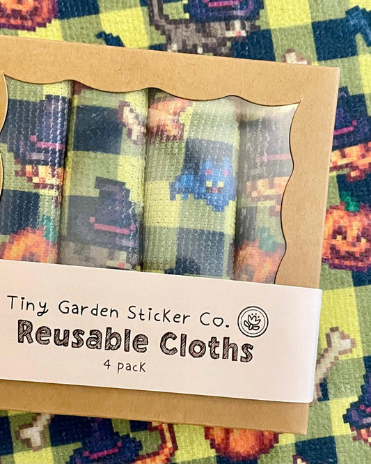 Halloween Cats Collection — Stardew Valley Inspired Microfiber Cloth Set | Orange and Grey Witch Hat Cats Design, Set of 4, 12x12