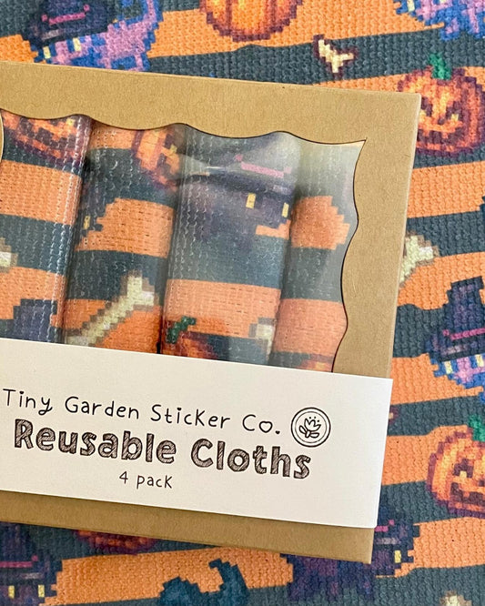 Halloween Cats Collection — Stardew Valley Inspired Microfiber Cloth Set | Black and Purple Iridium Witch Hat Cats Design, Set of 4, 12x12