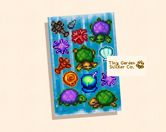 Stardew Valley Pet Turtles Sticker Sheet: SDV Pixel Art Sea Life Designs